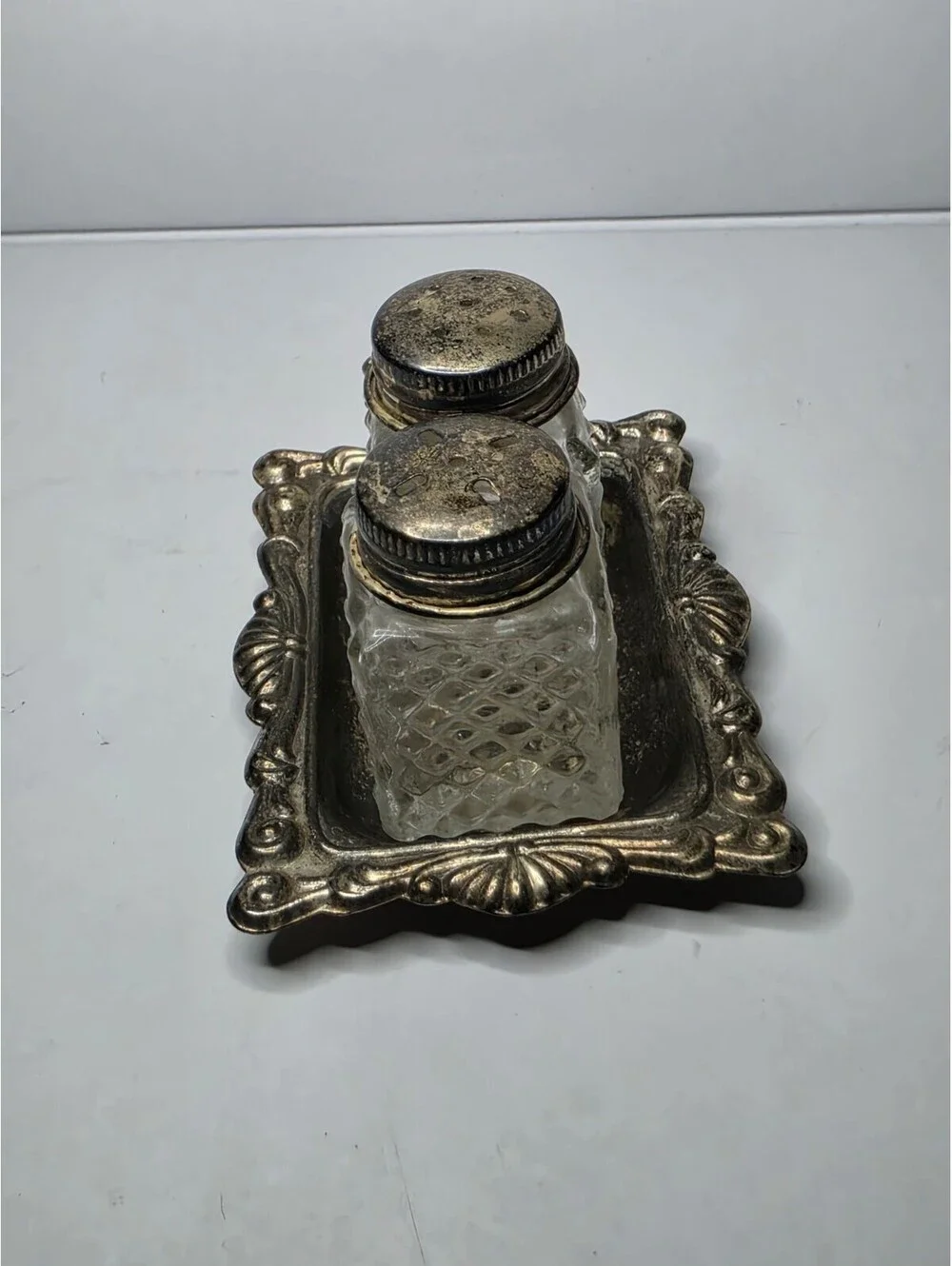Vintage Mini Glass Salt & Pepper Shakers w/ Silver Plated Tray